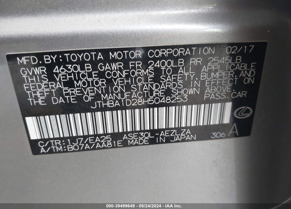 2017 LEXUS IS 200T VIN: JTHBA1D28H5048253