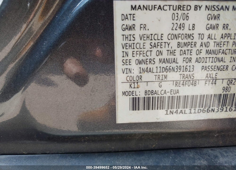 2006 NISSAN ALTIMA 2.5 S VIN: 1N4AL11D66N391613