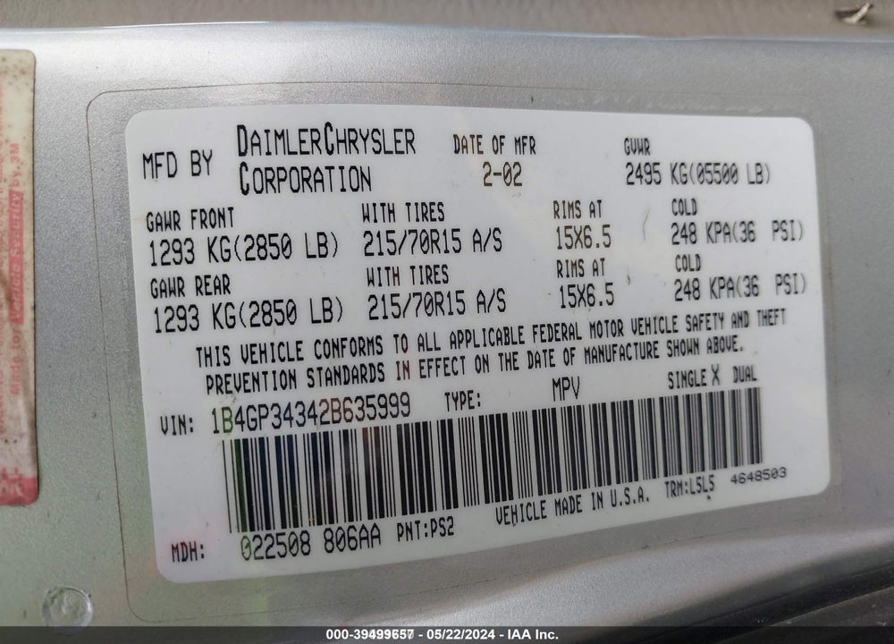 2002 DODGE GRAND CARAVAN VIN: 1B4GP34342B635999