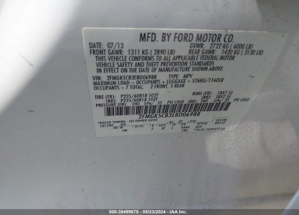 2014 FORD FLEX SEL VIN: 2FMGK5C83EBD06988