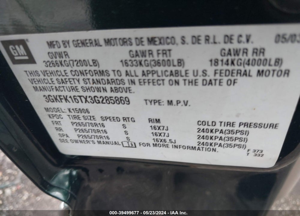 2003 GMC YUKON XL 1500 SLT VIN: 3GKFK16TX3G285869