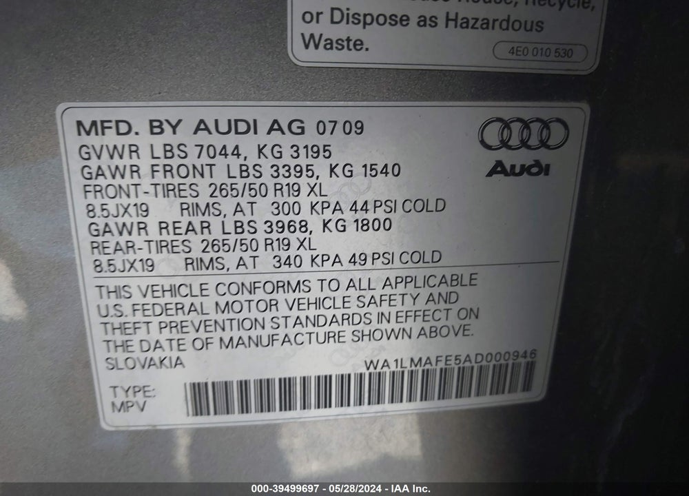 2010 AUDI Q7 3.0 TDI PREMIUM VIN: WA1LMAFE5AD000946