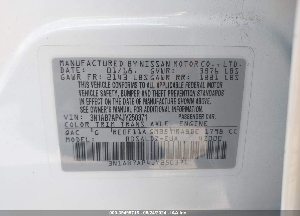 2018 NISSAN SENTRA SV VIN: 3N1AB7AP4JY250371