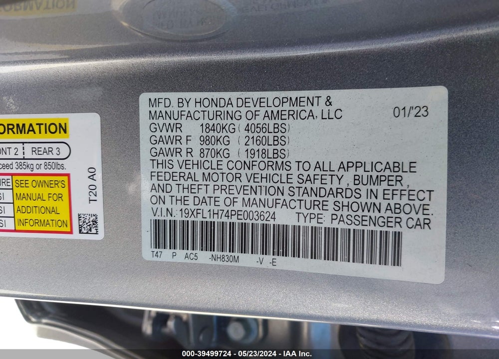 2023 HONDA CIVIC EX-L /EX-L W/O BSI VIN: 19XFL1H74PE003624