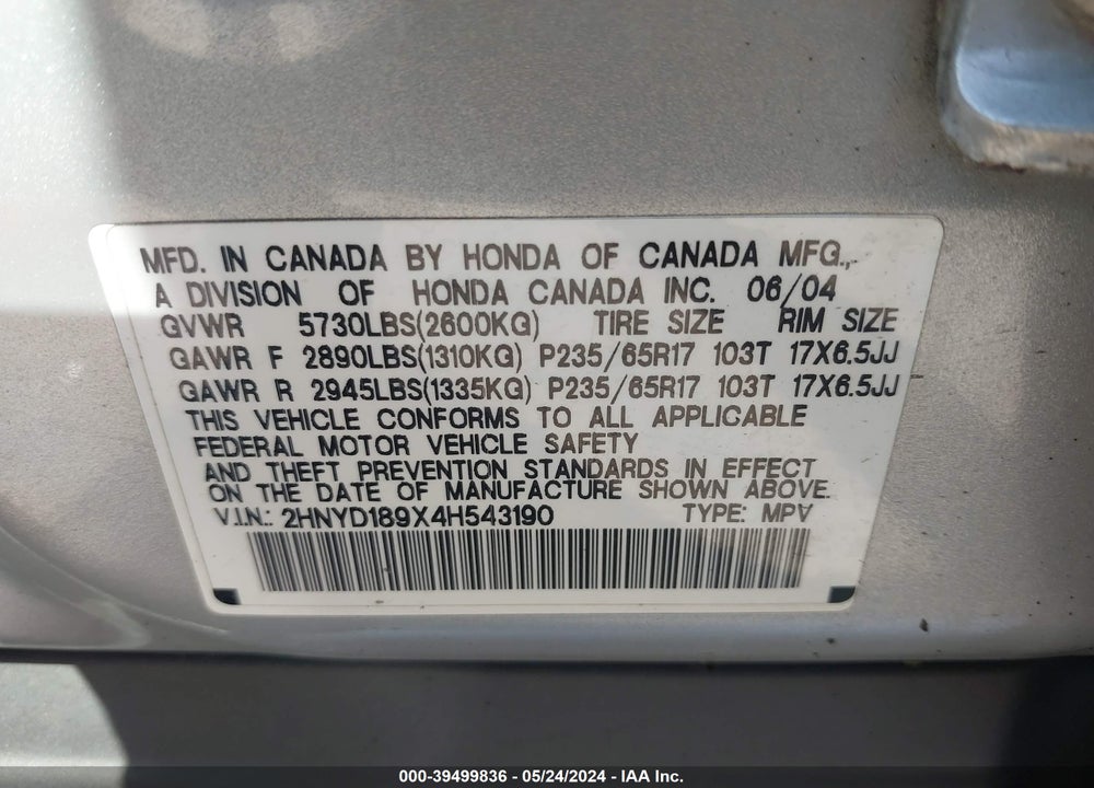 2004 ACURA MDX VIN: 2HNYD189X4H543190