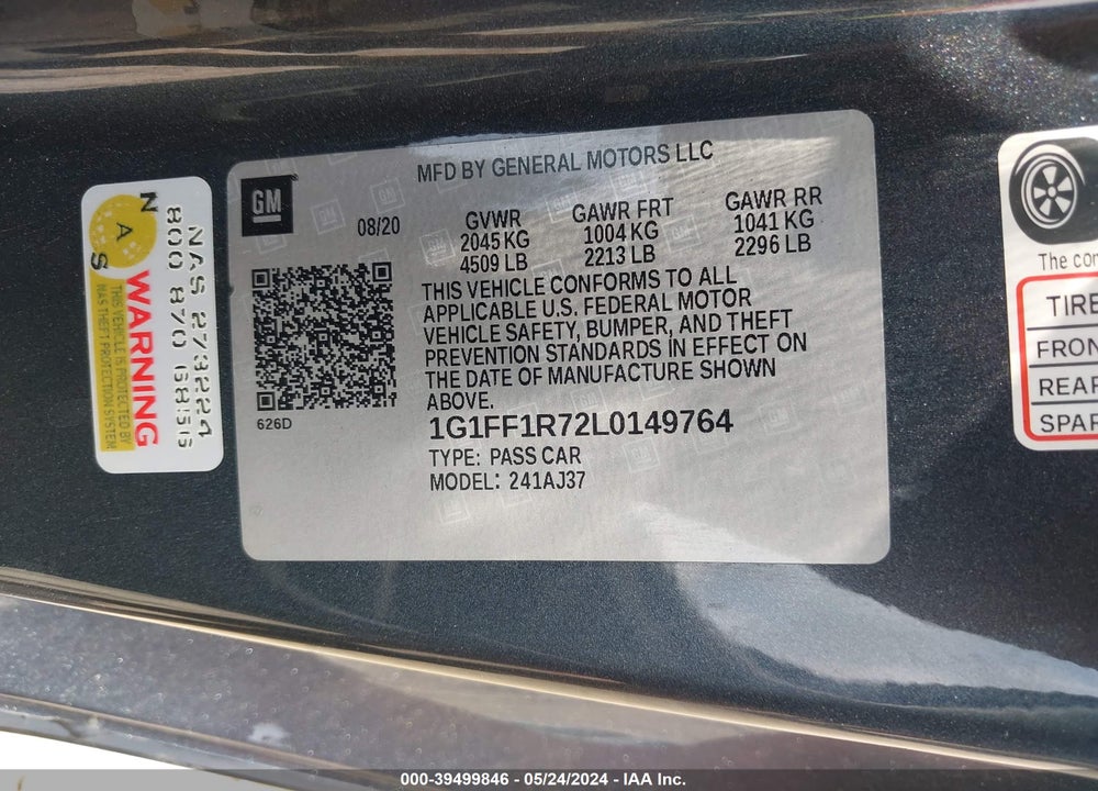 2020 CHEVROLET CAMARO VIN: 1G1FF1R72L0149764