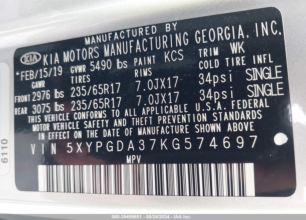 2019 KIA SORENTO 2.4L LX VIN: 5XYPGDA37KG574697
