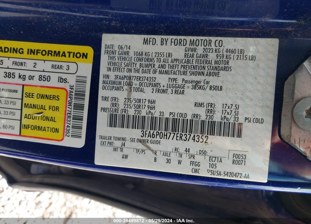 2014 FORD FUSION SE VIN: 3FA6P0H77ER374352