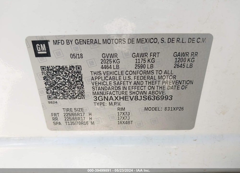 2018 CHEVROLET EQUINOX LS VIN: 3GNAXHEV8JS636993