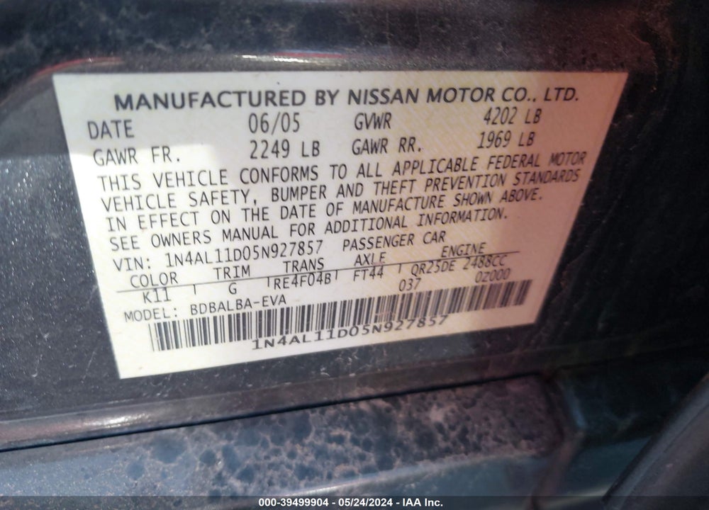 2005 NISSAN ALTIMA 2.5 S VIN: 1N4AL11D05N927857
