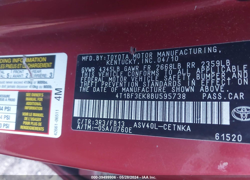 2011 TOYOTA CAMRY LE VIN: 4T1BF3EK8BU595738