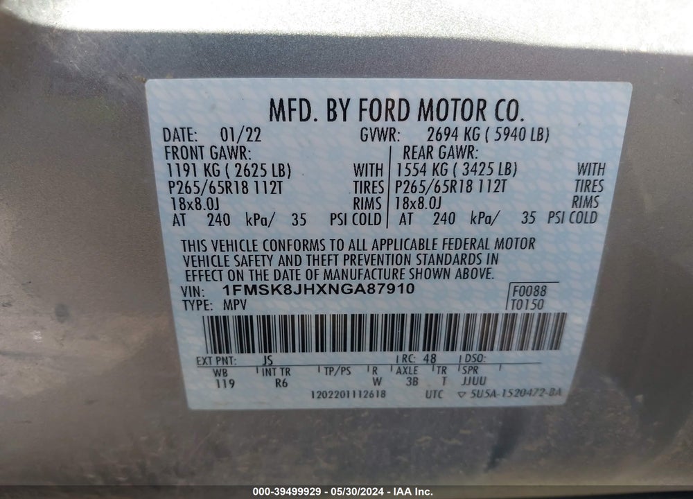 2022 FORD EXPLORER TIMBERLINE VIN: 1FMSK8JHXNGA87910