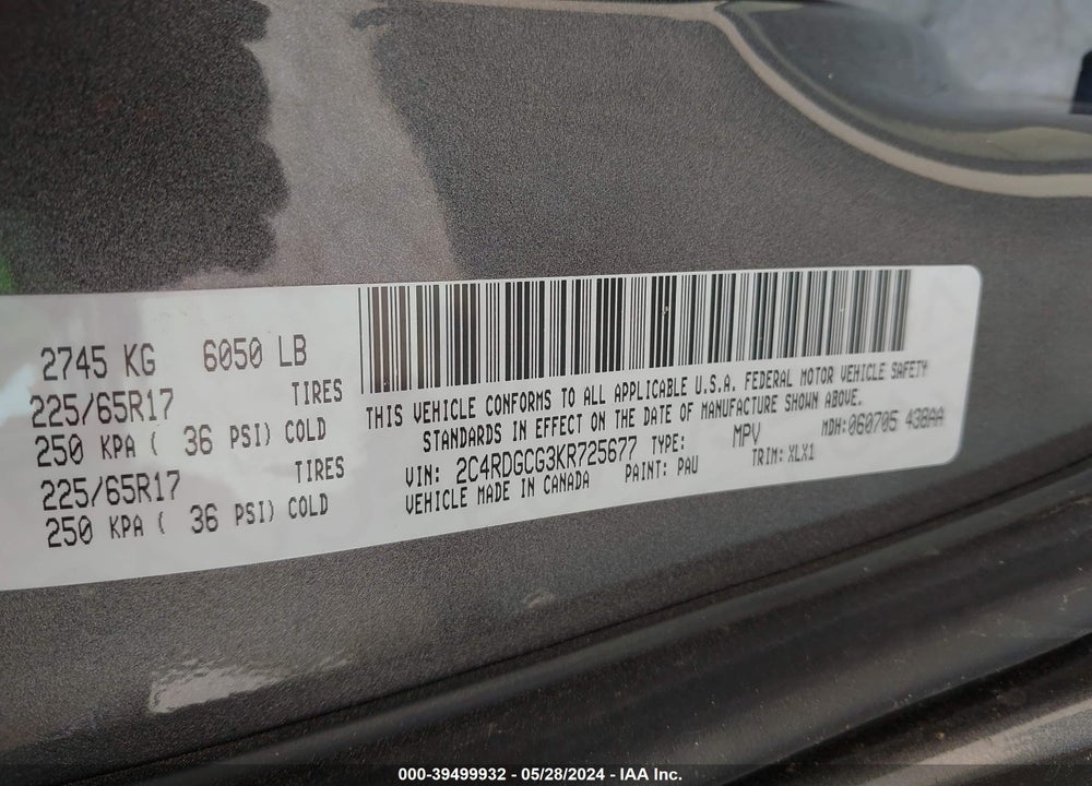 2019 DODGE GRAND CARAVAN SXT VIN: 2C4RDGCG3KR725677