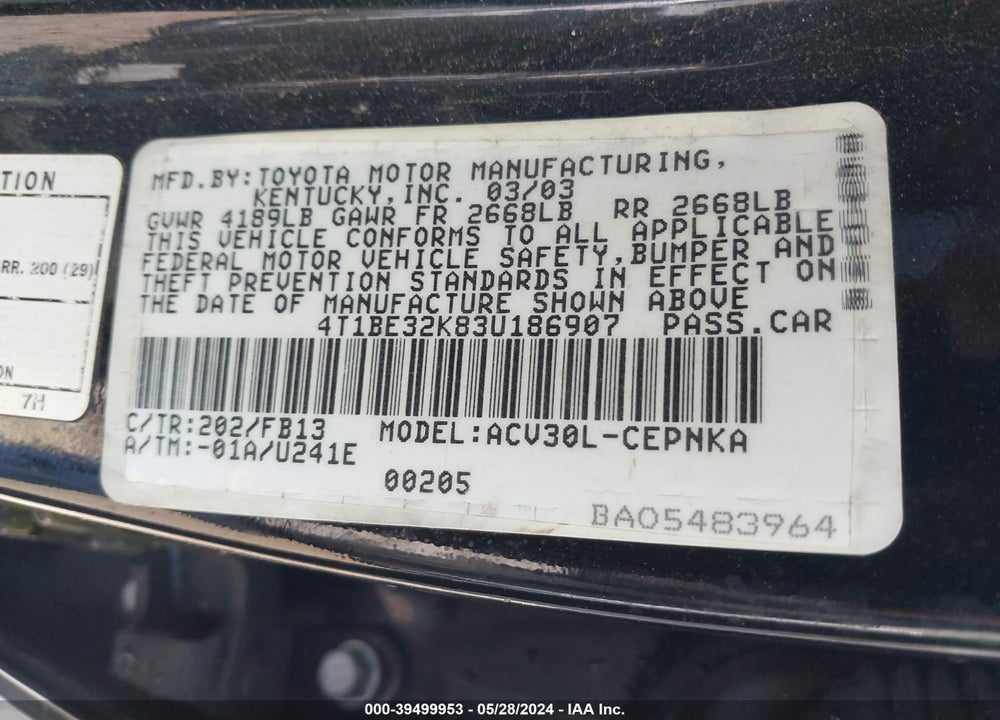 2003 TOYOTA CAMRY LE VIN: 4T1BE32K83U186907