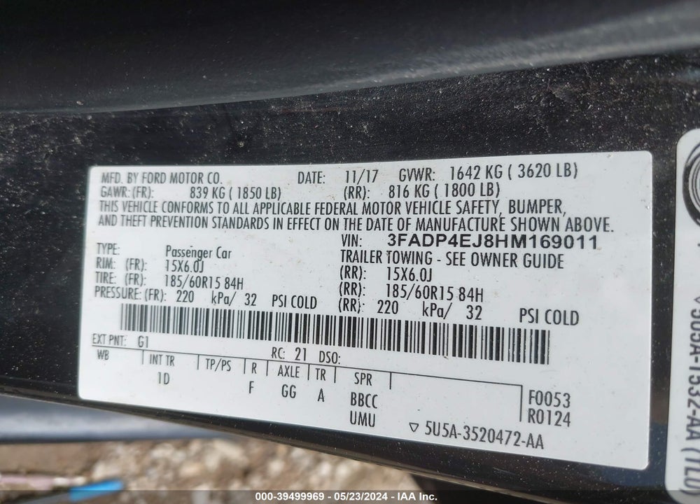 2017 FORD FIESTA SE VIN: 3FADP4EJ8HM169011