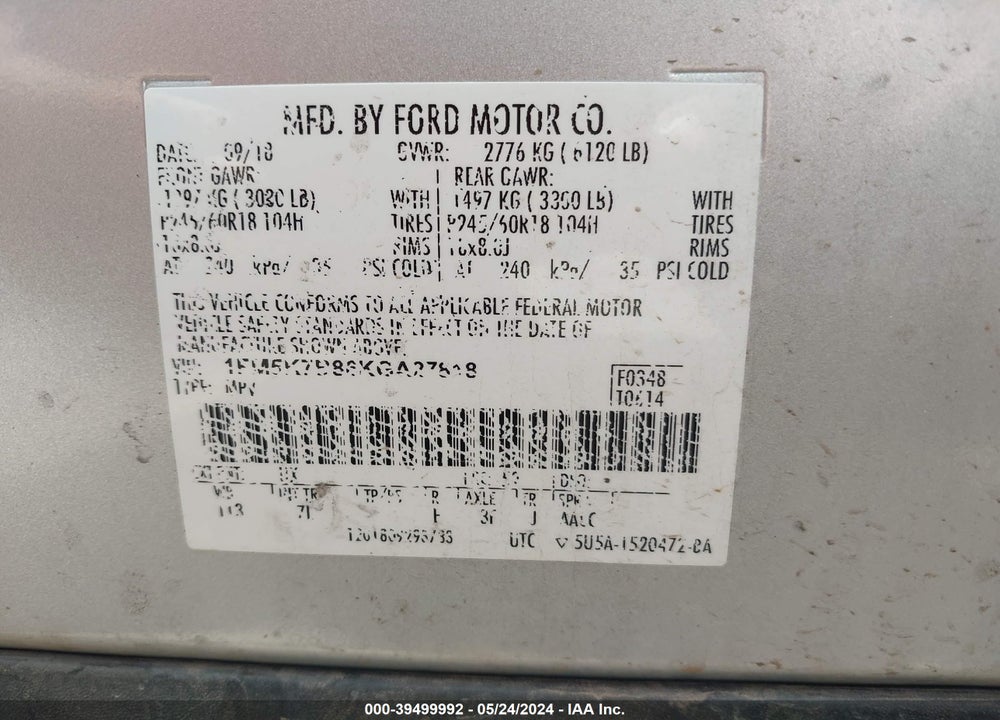 2019 FORD EXPLORER VIN: 1FM5K7B86KGA27818