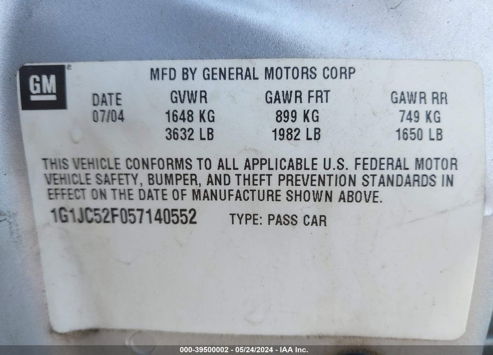 2005 CHEVROLET CAVALIER VIN: 1G1JC52F057140552
