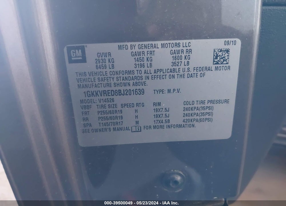 2011 GMC ACADIA SLT-1 VIN: 1GKKVRED8BJ201639