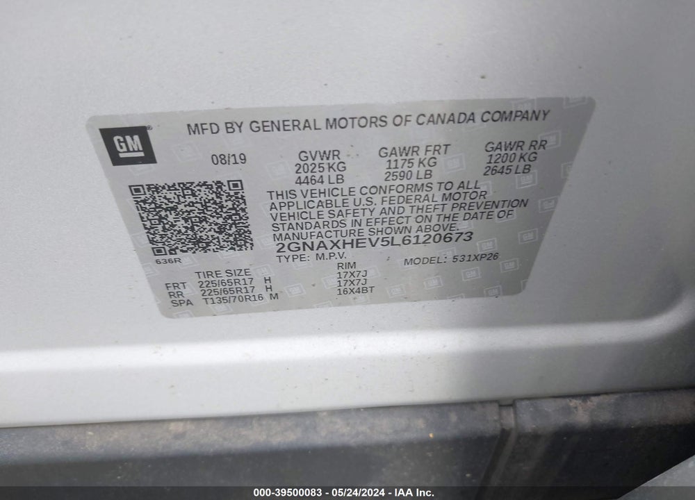 2020 CHEVROLET EQUINOX FWD LS VIN: 2GNAXHEV5L6120673