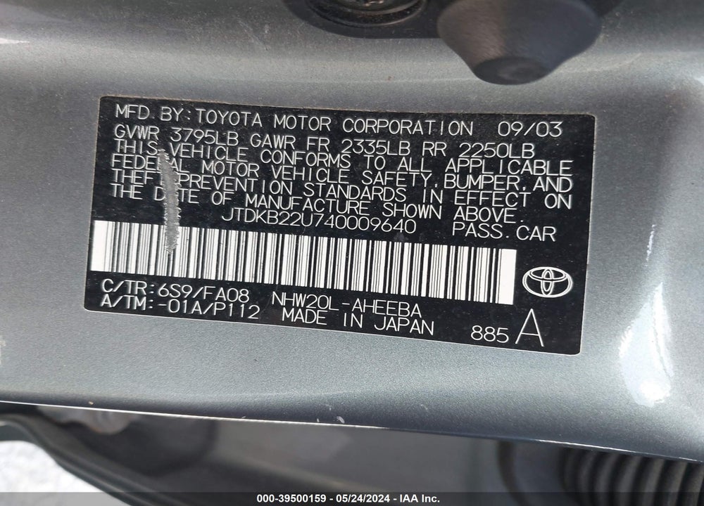 2004 TOYOTA PRIUS VIN: JTDKB22U740009640