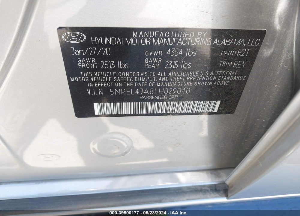 2020 HYUNDAI SONATA SEL VIN: 5NPEL4JA8LH029040