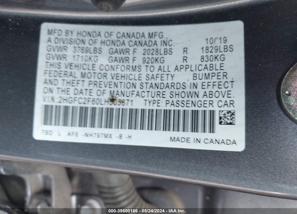 2020 HONDA CIVIC LX VIN: 2HGFC2F60LH505871