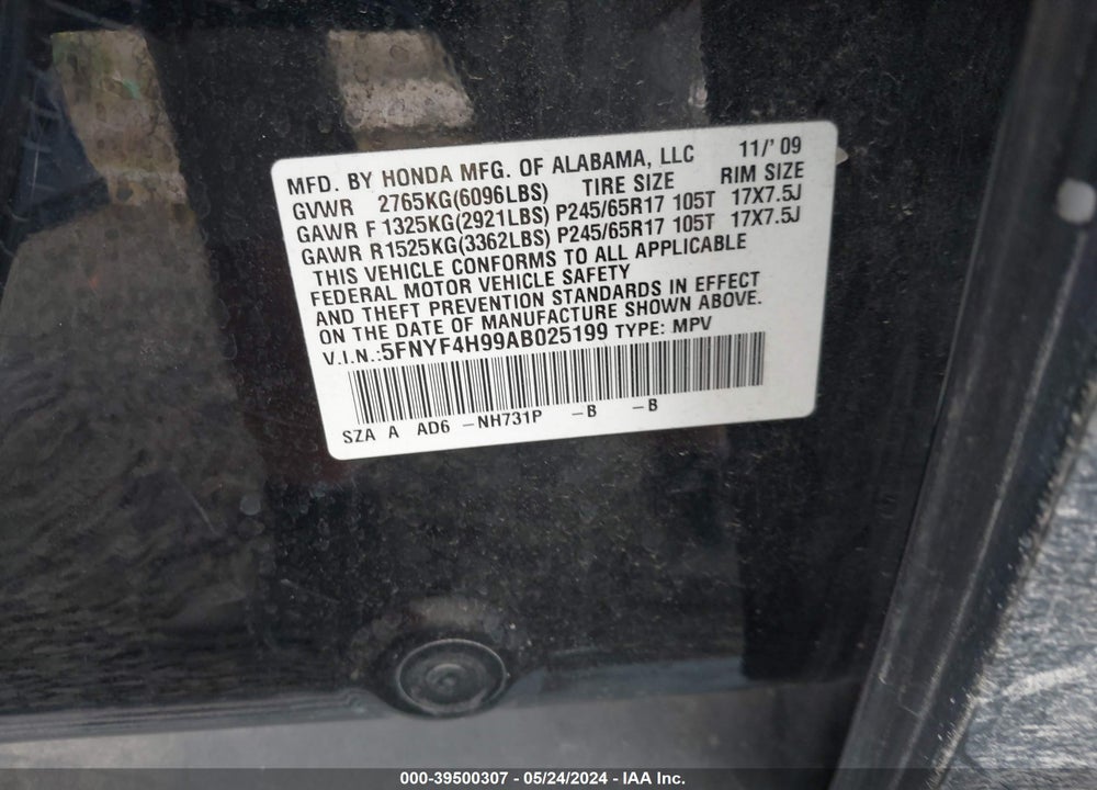 2010 HONDA PILOT TOURING VIN: 5FNYF4H99AB025199