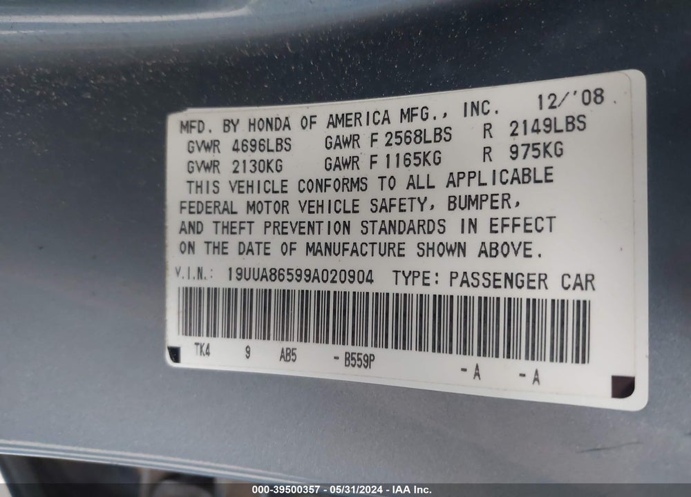 2009 ACURA TL 3.5 VIN: 19UUA86599A020904