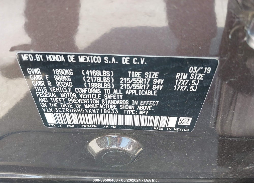 2019 HONDA HR-V EX VIN: 3CZRU6H5XKM718633