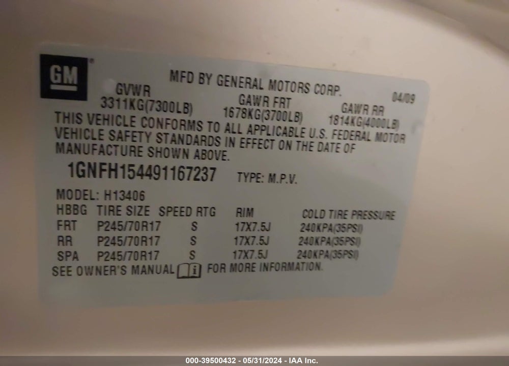 2009 CHEVROLET EXPRESS 1500 LS VIN: 1GNFH154491167237