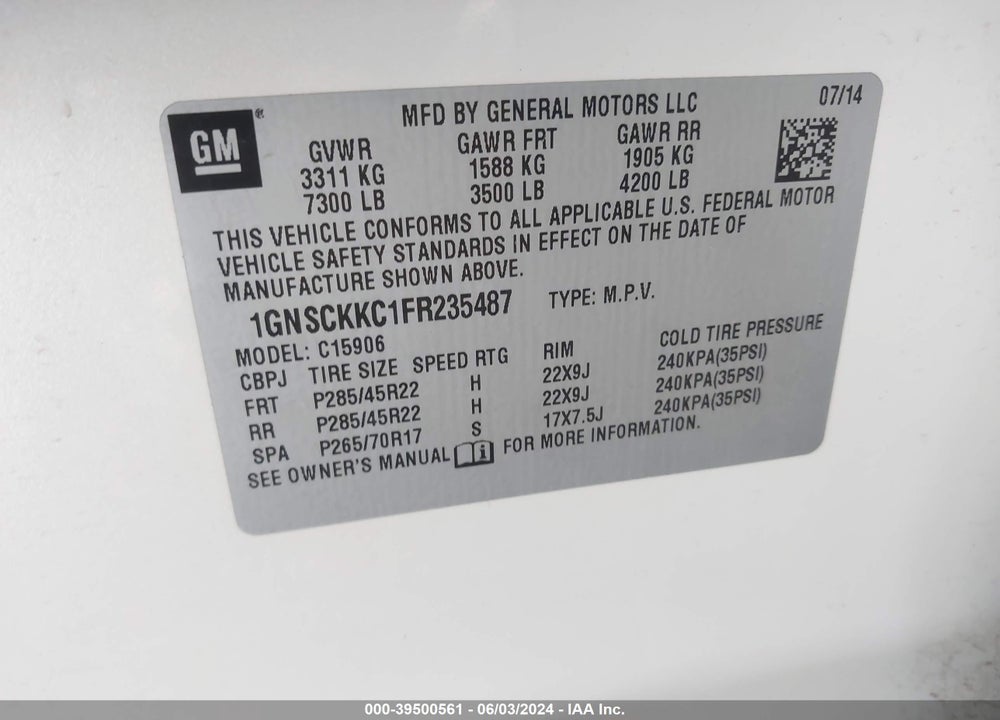 2015 CHEVROLET SUBURBAN 1500 LTZ VIN: 1GNSCKKC1FR235487