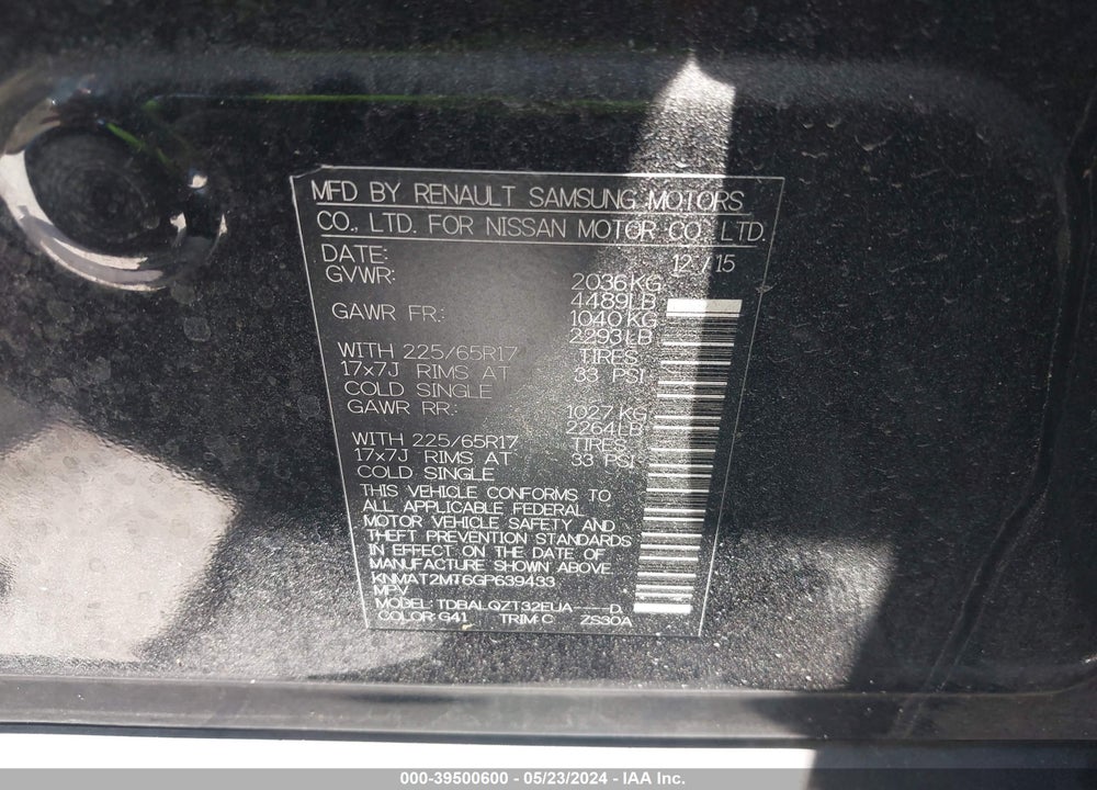 2016 NISSAN ROGUE SV VIN: KNMAT2MT6GP639433