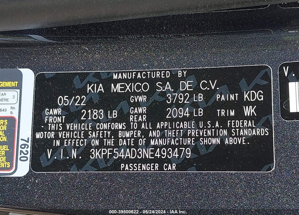 2022 KIA FORTE GT LINE VIN: 3KPF54AD3NE493479