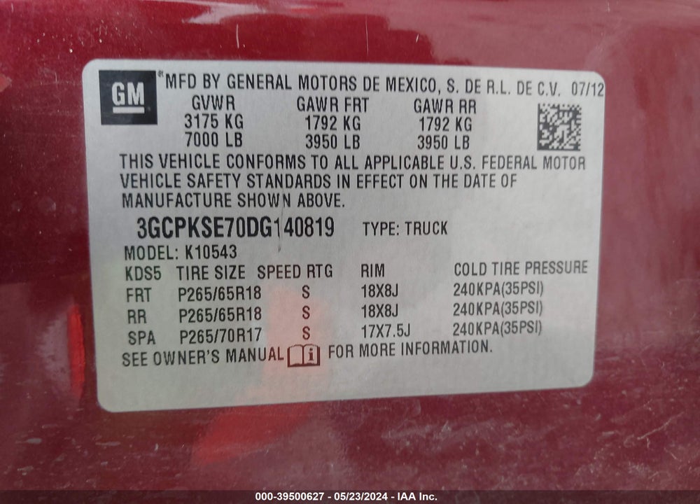 2013 CHEVROLET SILVERADO 1500 LT VIN: 3GCPKSE70DG140819