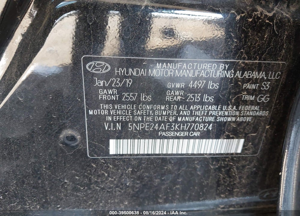 2019 HYUNDAI SONATA SE VIN: 5NPE24AF3KH770824