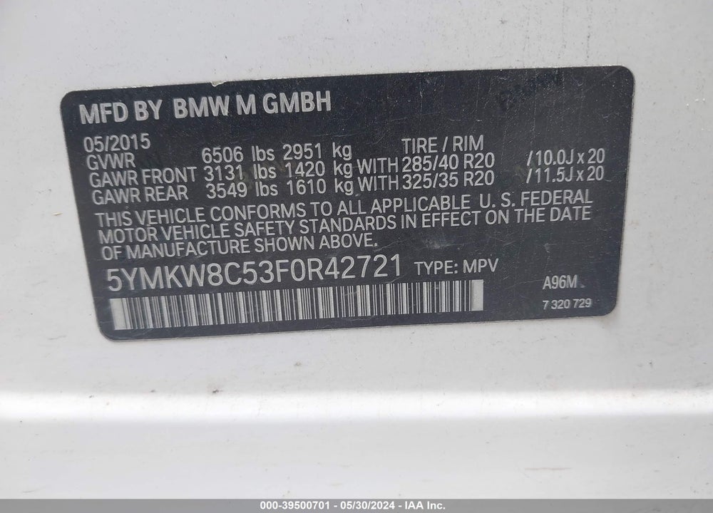 2015 BMW X6 M VIN: 5YMKW8C53F0R42721