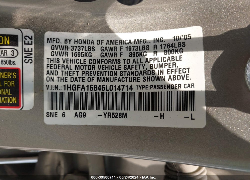 2006 HONDA CIVIC VIN: 1HGFA16846L014714