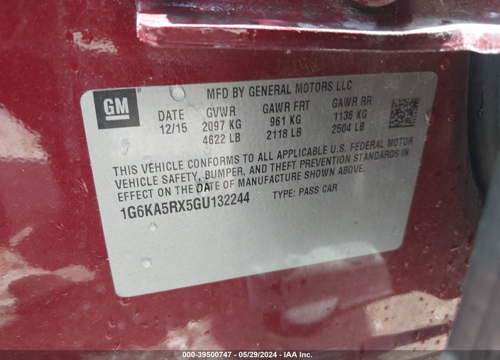 2016 CADILLAC CT6 STANDARD VIN: 1G6KA5RX5GU132244
