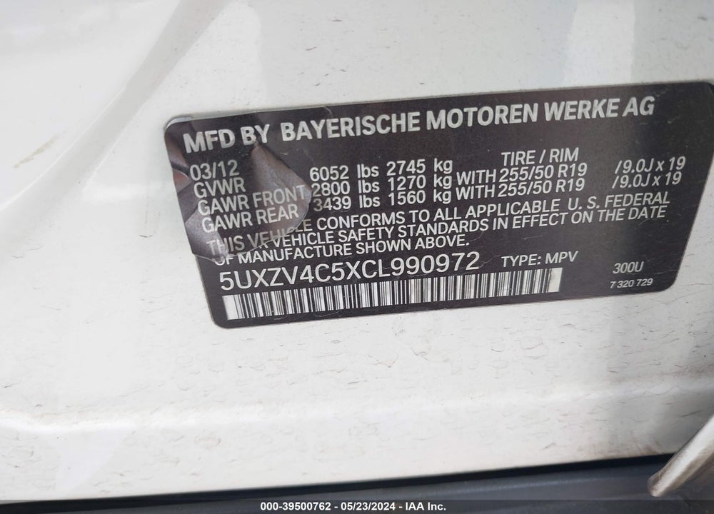 2012 BMW X5 XDRIVE35I/XDRIVE35I PREMIUM/XDRIVE35I SPORT ACTIVITY VIN: 5UXZV4C5XCL990972