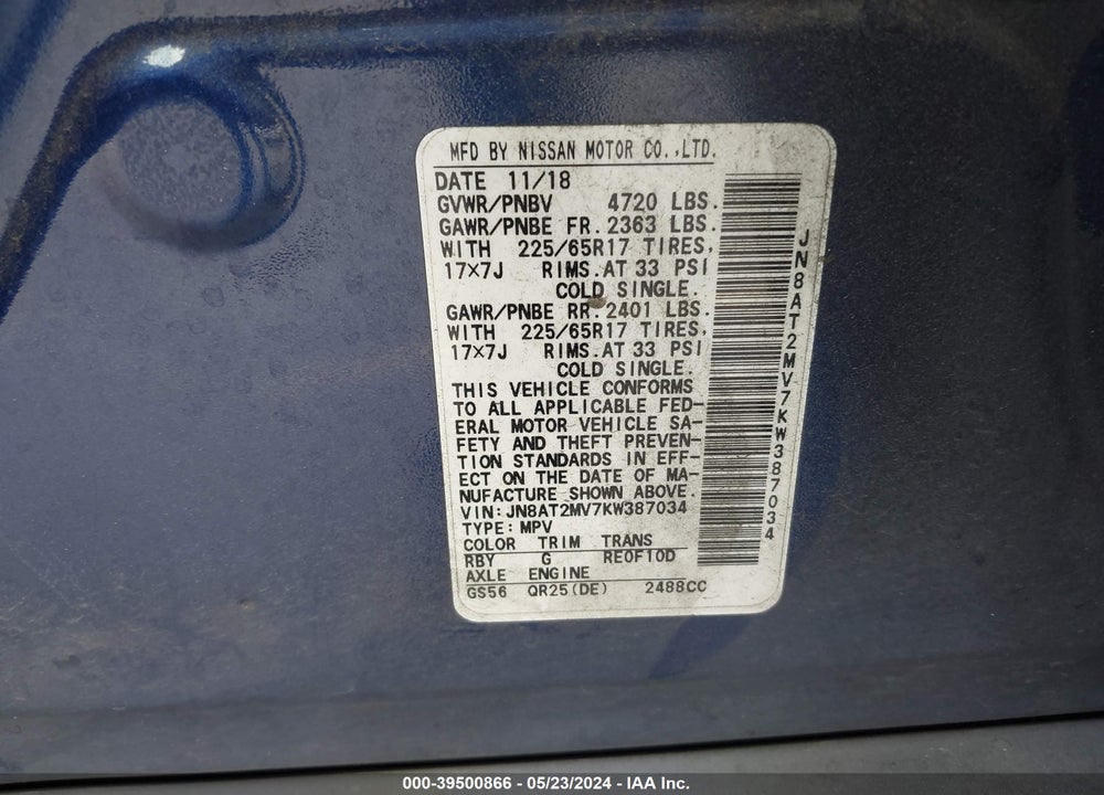2019 NISSAN ROGUE S VIN: JN8AT2MV7KW387034
