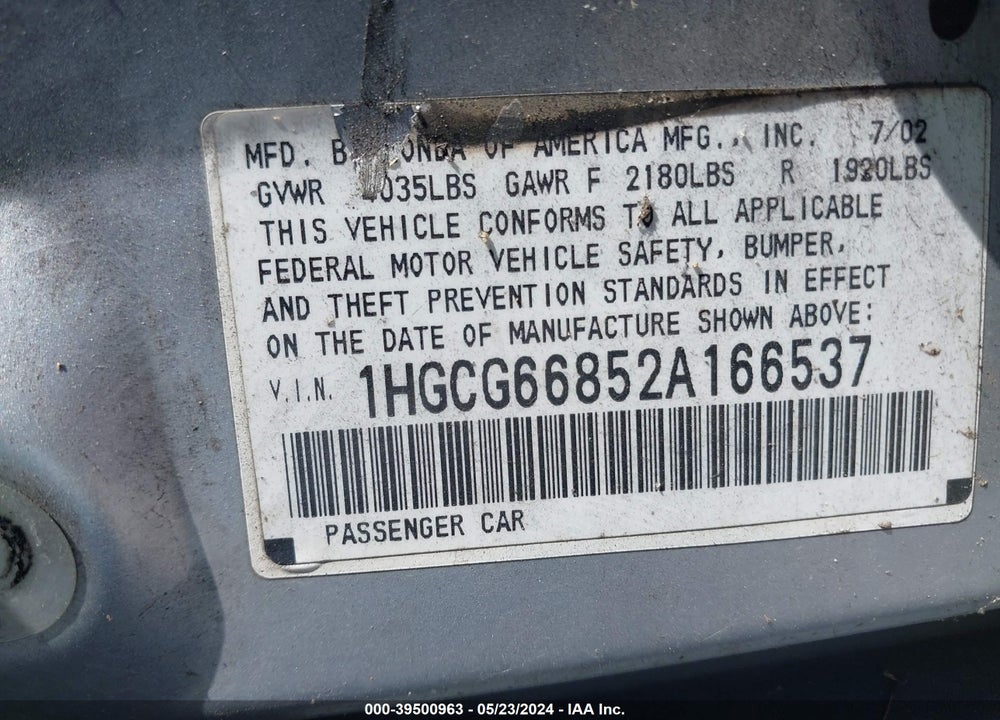 2002 HONDA ACCORD 2.3 EX/2.3 SE VIN: 1HGCG66852A166537