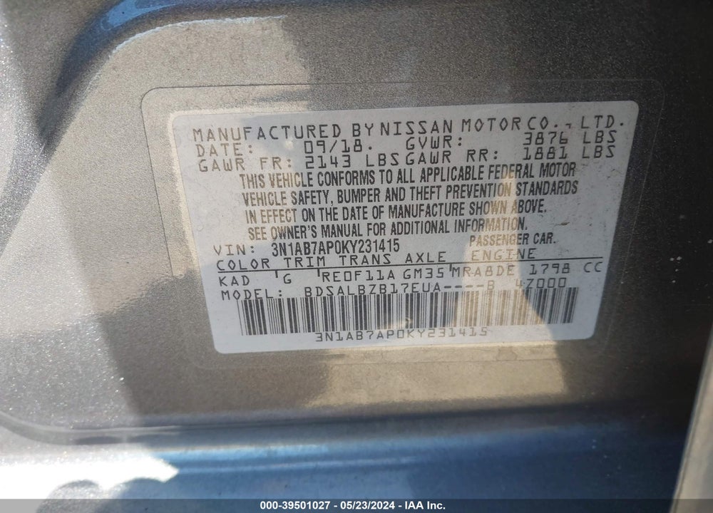 2019 NISSAN SENTRA S VIN: 3N1AB7AP0KY231415