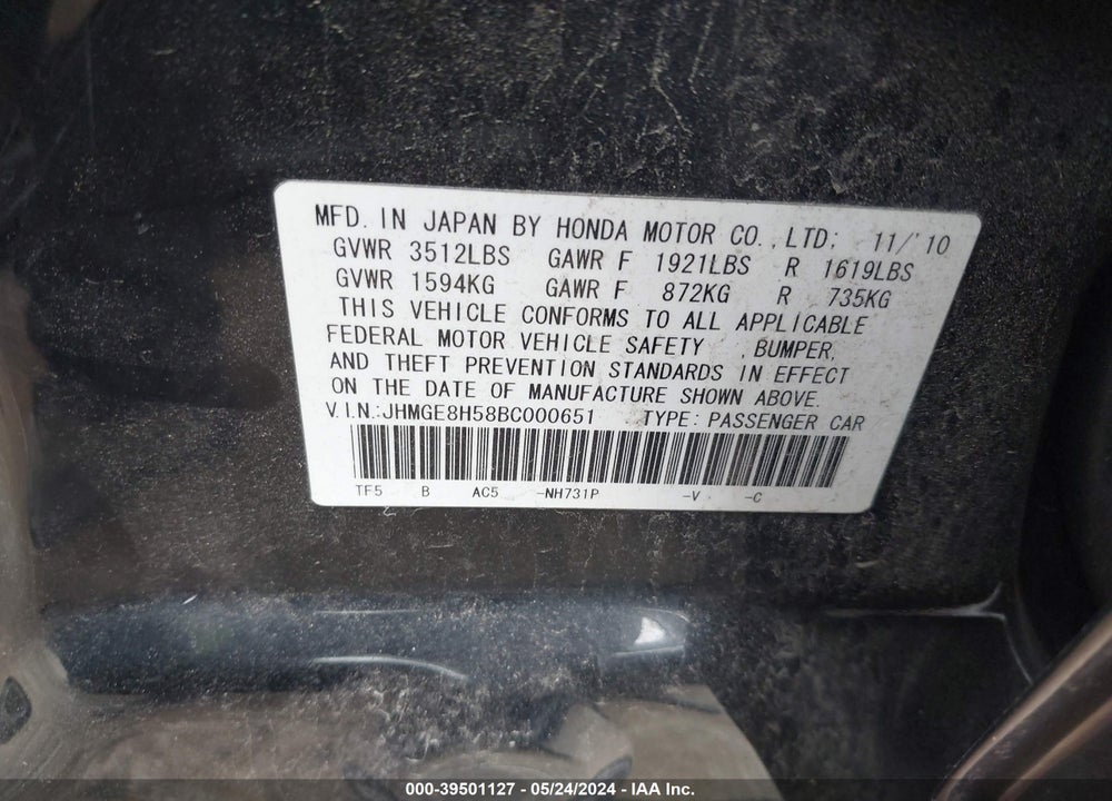2011 HONDA FIT SPORT VIN: JHMGE8H58BC000651
