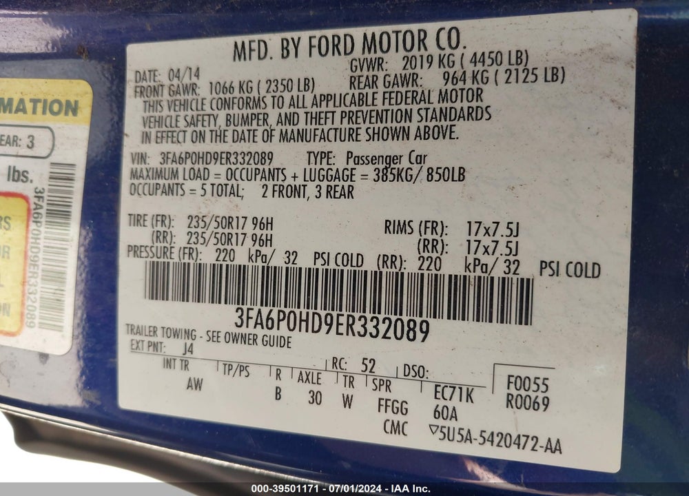 2014 FORD FUSION SE VIN: 3FA6P0HD9ER332089