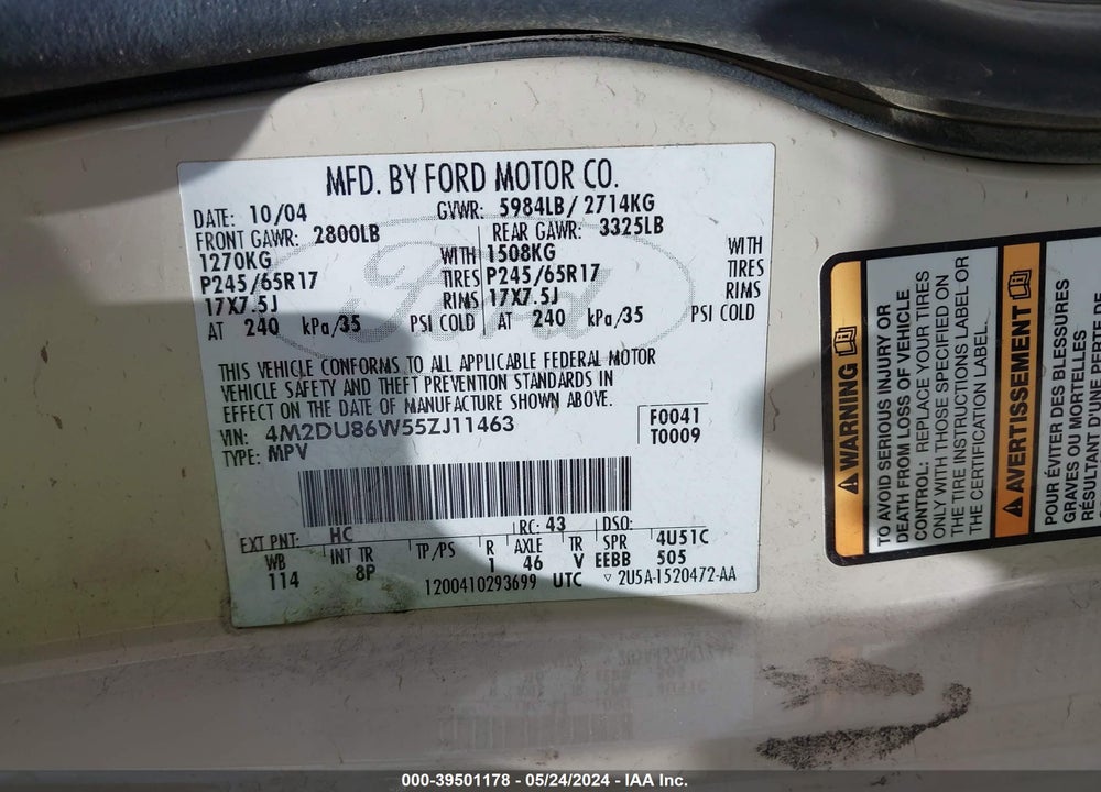 2005 MERCURY MOUNTAINEER VIN: 4M2DU86W55ZJ11463