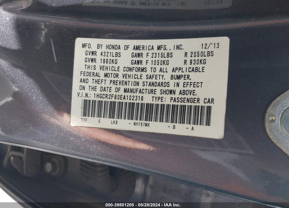 2014 HONDA ACCORD EX-L VIN: 1HGCR2F80EA102316