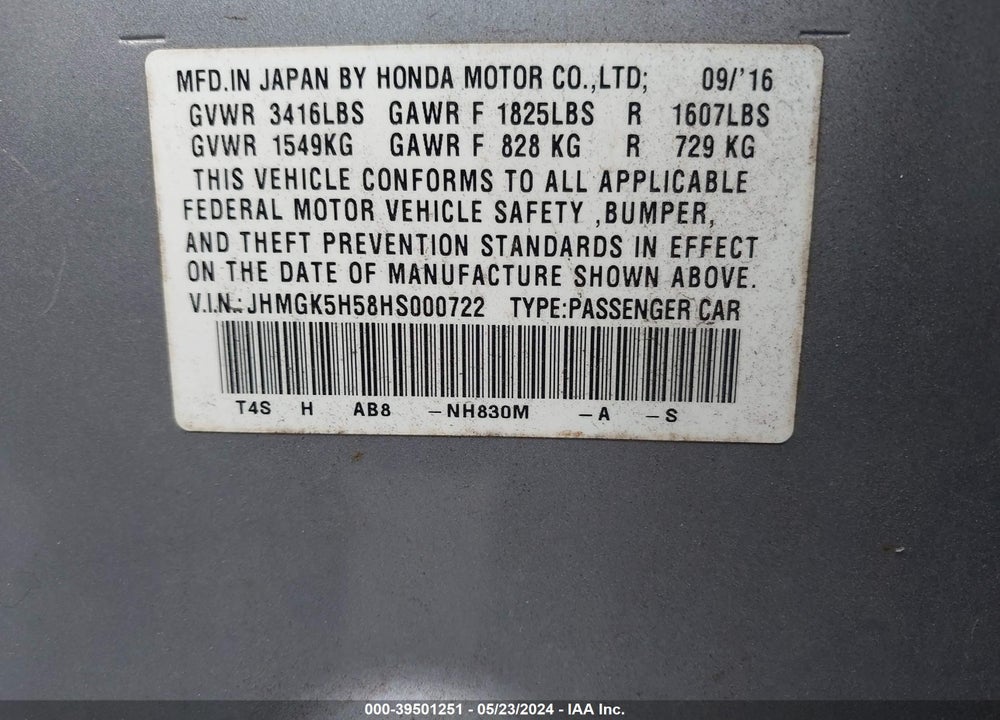 2017 HONDA FIT LX VIN: JHMGK5H58HS000722