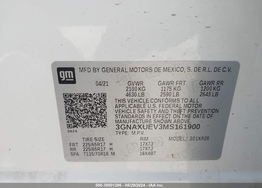 2021 CHEVROLET EQUINOX VIN: 3GNAXUEV3MS161900