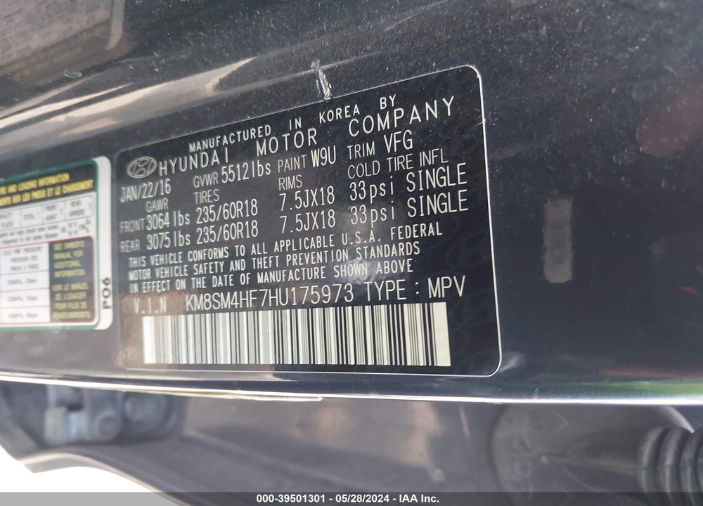 2017 HYUNDAI SANTA FE SE VIN: KM8SM4HF7HU175973