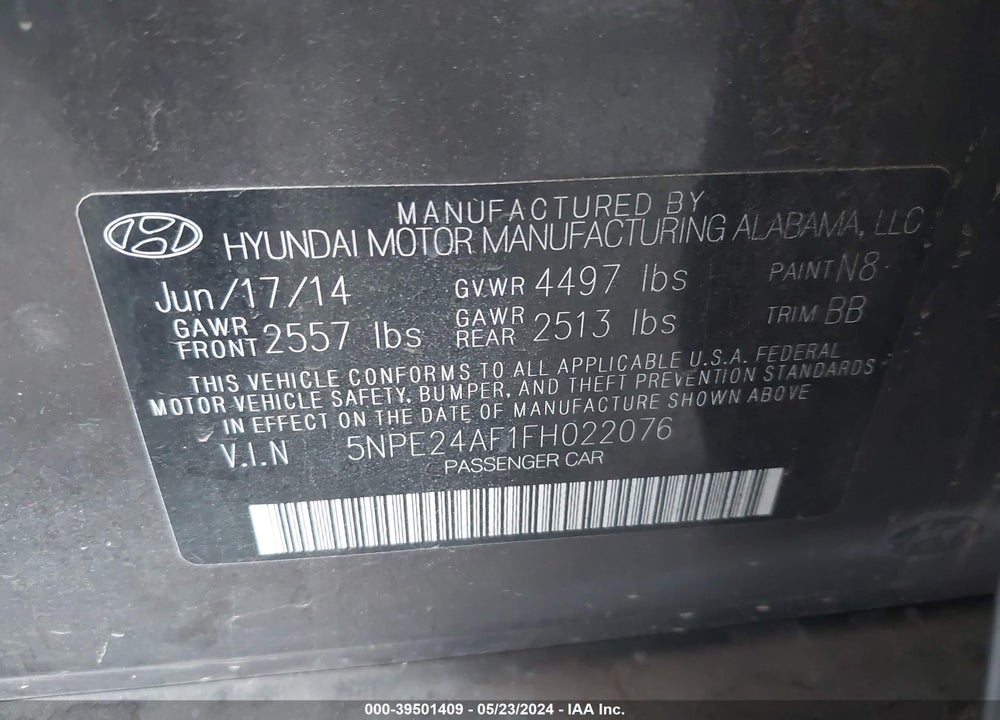 2015 HYUNDAI SONATA SE VIN: 5NPE24AF1FH022076